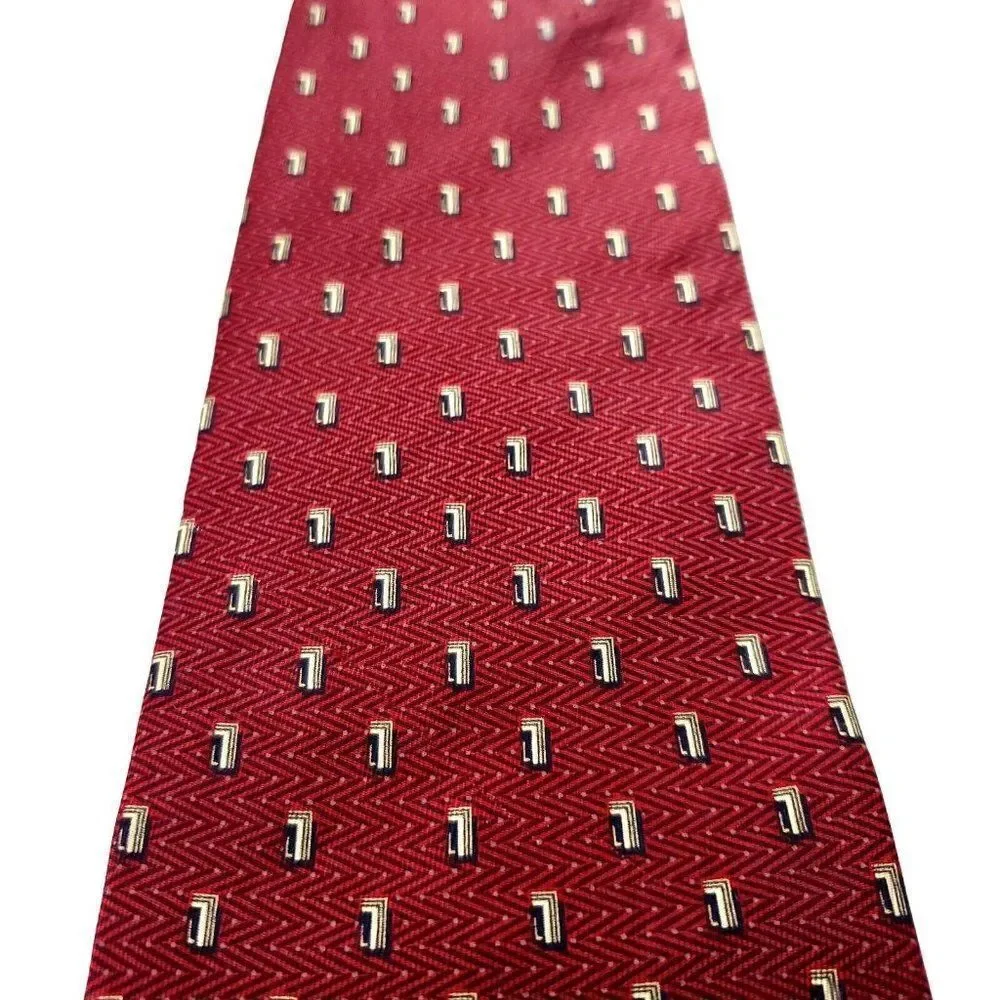 Nautica Red Silk Tie Woven Short Wide‎ Geometric Herringbone